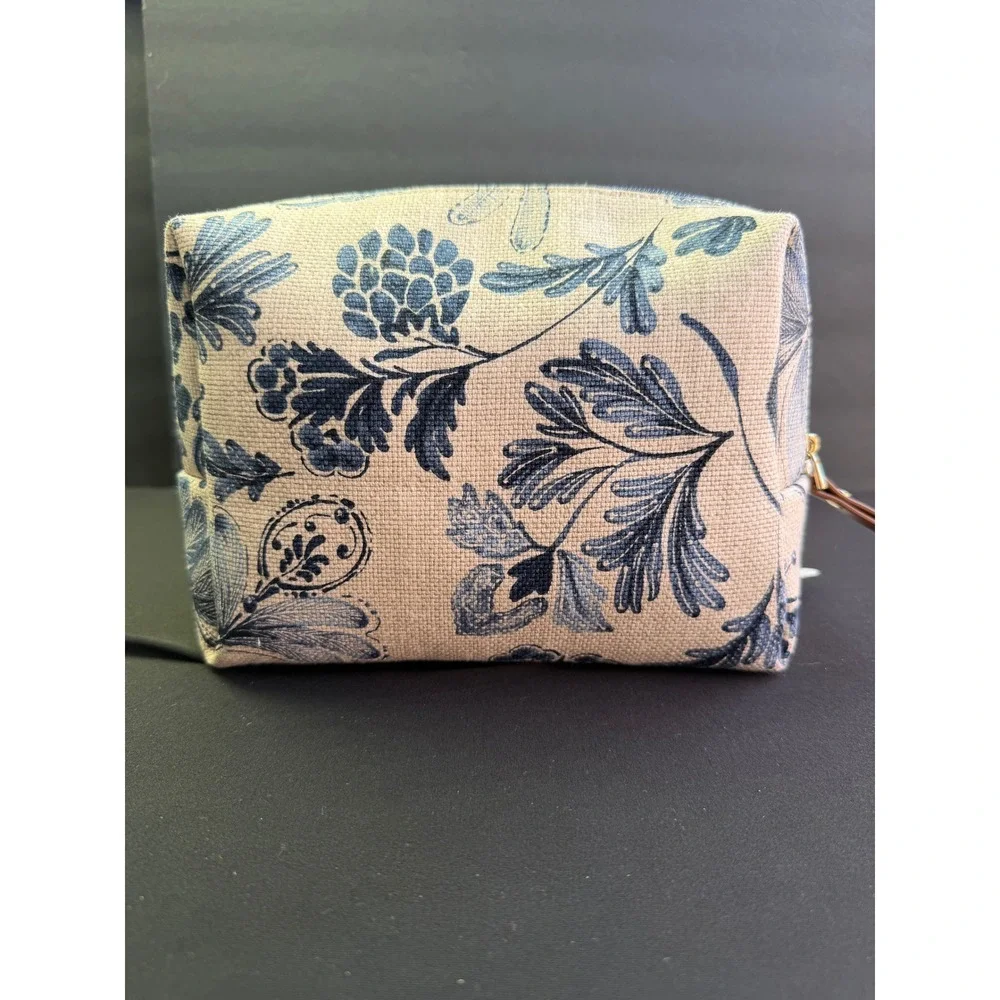 Spartina 449 Floral Linen Cosmetic Bag Blue Cream Toile Makeup Pouch Travel Case